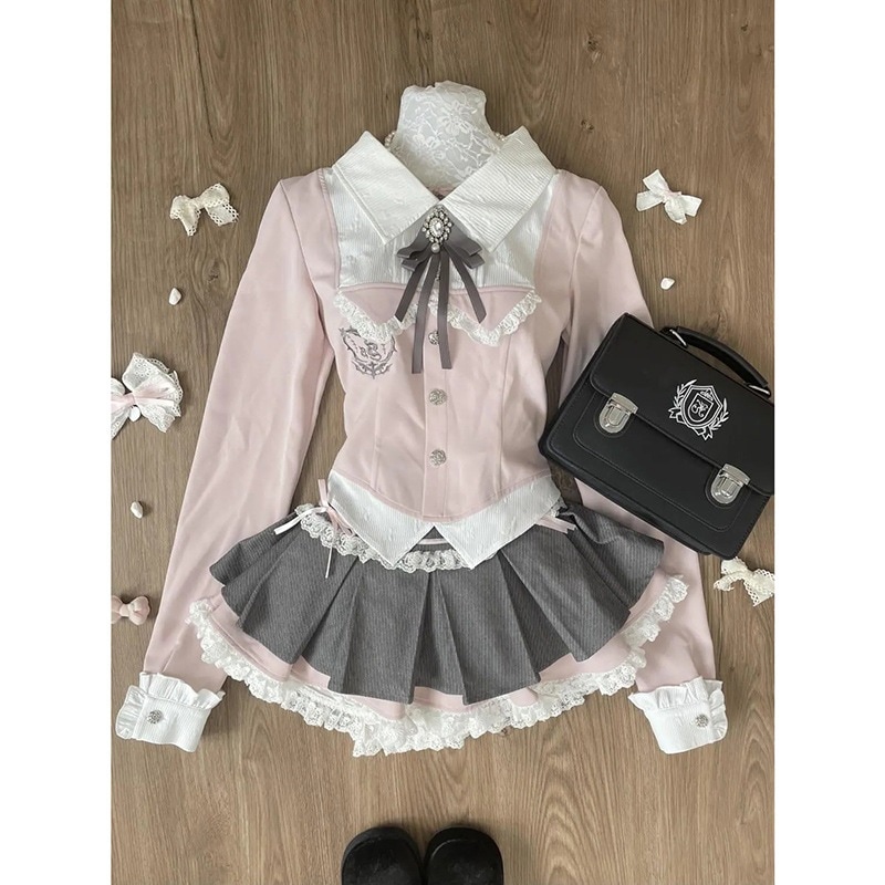 春と秋向けのプレッピースタイルのスイートガールの衣装セットスリムフィットのカラーブロックシャツとハイウエストのプリーツスカートのツーピース