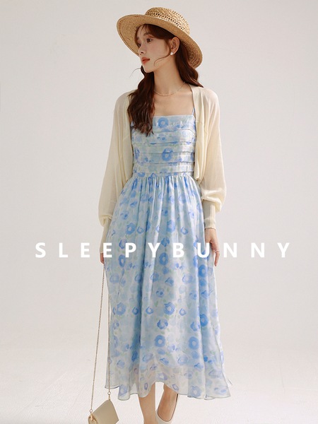 Sleepy Rabbit ブループリントサマーハイウエストサスペンダースカート