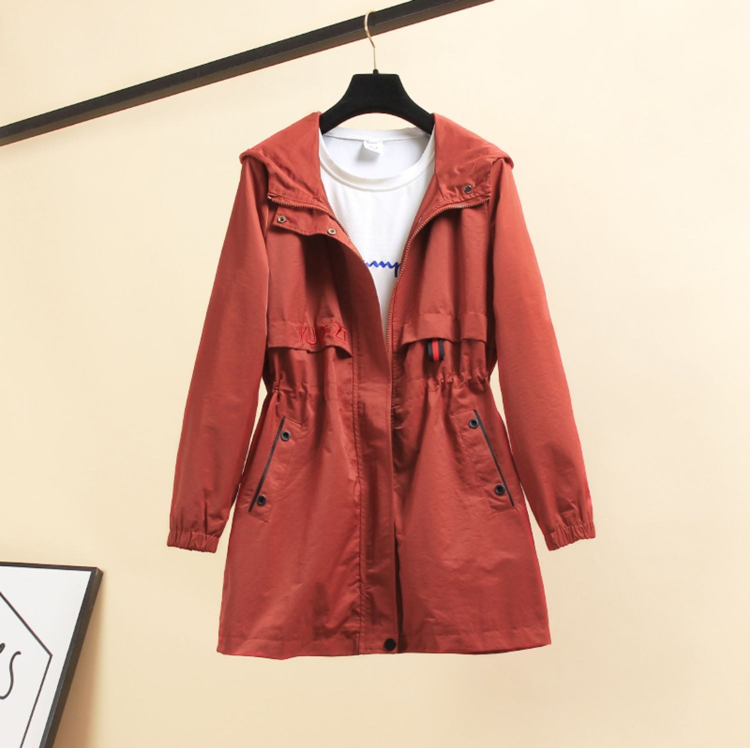 カジュアルウインドブレーカー ミドル丈ジャケット アウトドアアウター フード付きウインドブレーカー トップス アウター コート ジャケット 上着 ロングコート ロング ロング丈 袖あり 長袖 Vネック