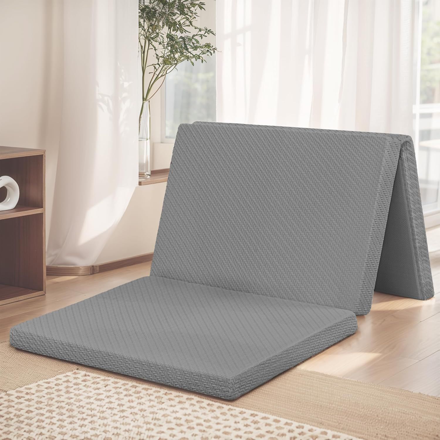 マットレス シングル 3つ折り- ATOPEN 高反発マットレス 厚さ6cm 折り畳みマットレス 密度30D 硬さ180N 洗えるカバー 竹炭消臭 敷布団 97x195x6cm グレー