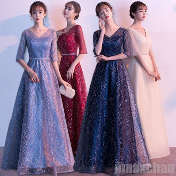 パーティードレス ブライズメイドドレス ロングドレス レディース 結婚式 二次会 パーティードレス 謝恩会 発表会 披露宴 ワンピース 演奏会 4色 ブルーグレー ネイビー シャン