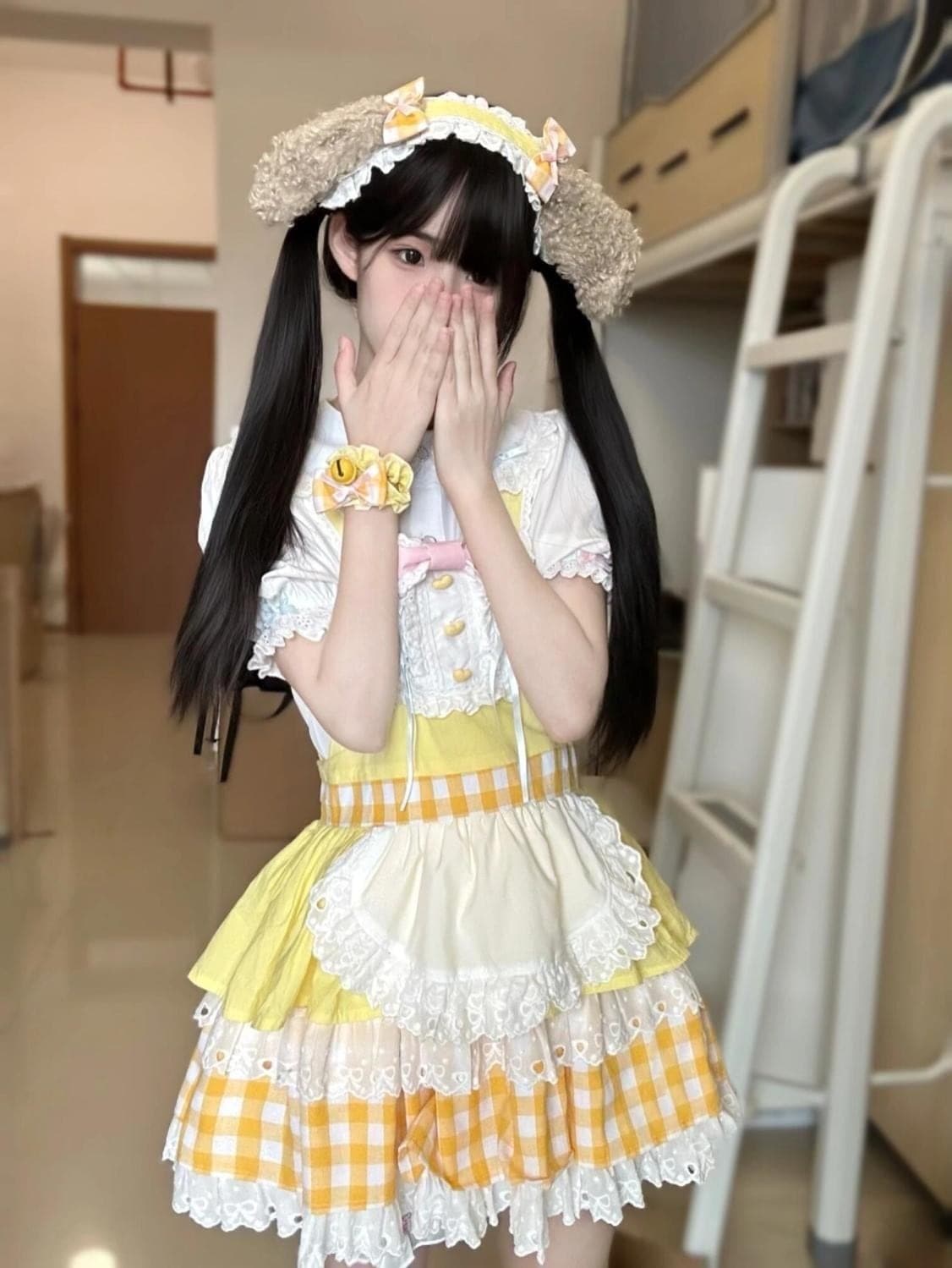 サマースイートガールロリータ可愛いクリームイエローステッチレースドールカラーシャツリボンケーキサスペンダースカート
