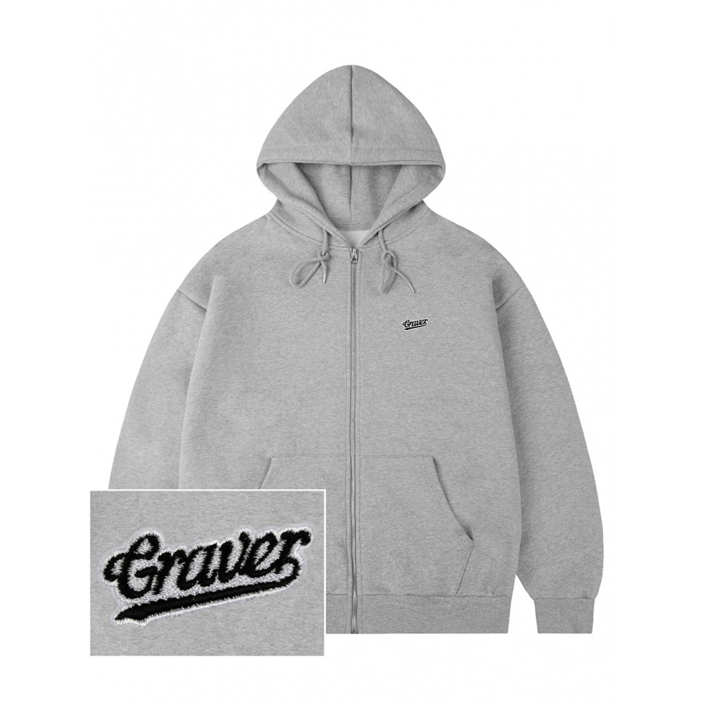GRAVER ベースボールロゴエンブロイダリーフーディージップアップグレー