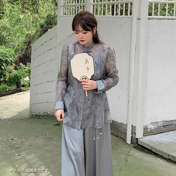 【激安】フロントチャイナボタン開き 長袖 カフ付き 肩山ギャザー チャイナカラー レディース トップス