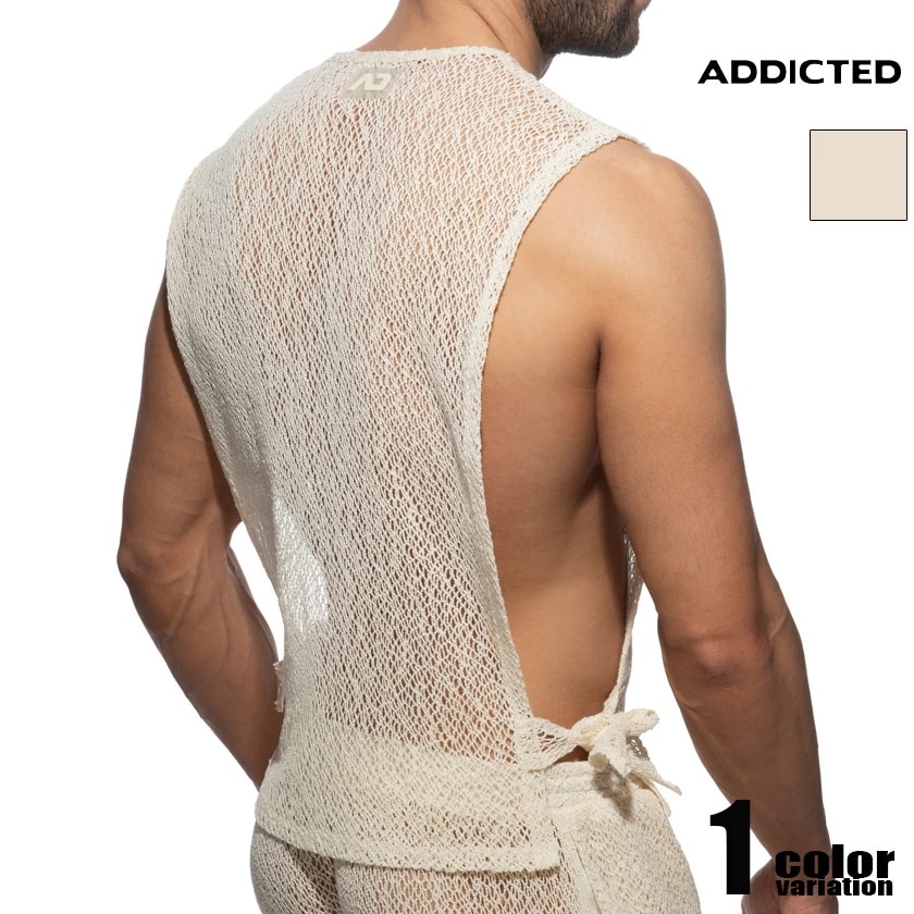 ADDICTED/アディクティッドECO CHIQUE DRAWSTRING TANK TOP　サイドオープン コットンメッシュ タンクトップ　袖なし　ノースリーブ　スリーブレス　メンズ　ファッション