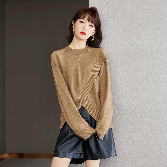 トップス ニット カットソー プルオーバー アシンメトリー レディース エレガント 大人 可愛い きれいめ カジュアル フェミニン 長袖 上品 ナチュラル 体型カバー クロス シンプル ベージュ 春