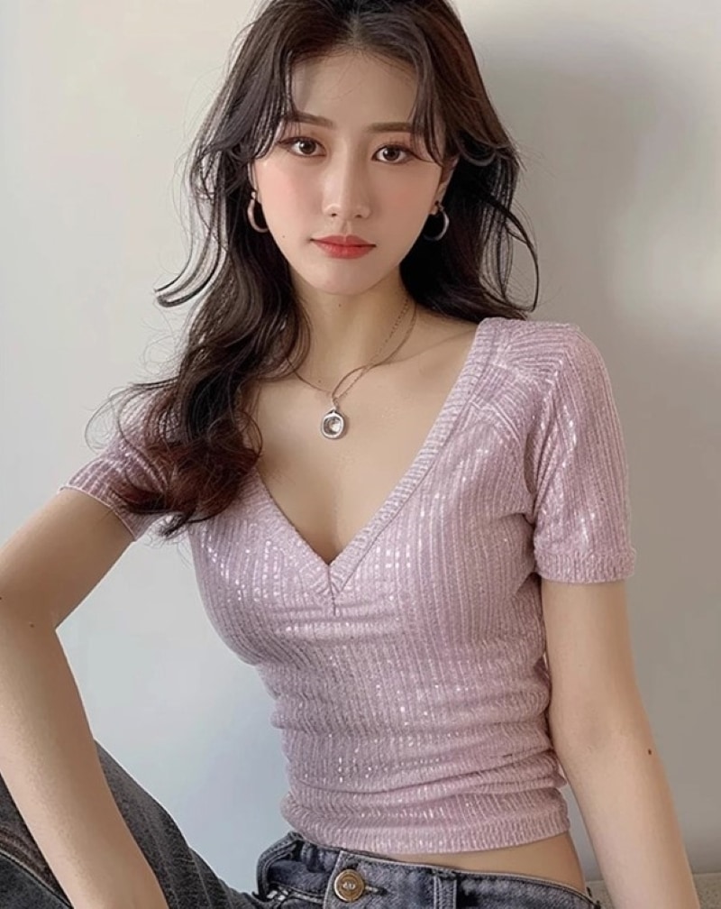 トップス Tシャツ シャツ 半袖 Vネック ニットトップ きれいめ シンプル 大人 上品 おしゃれ お洒落 かっこいい セクシー 春 夏 レディース デート お出かけ 休日 旅行 普段使い 韓国系