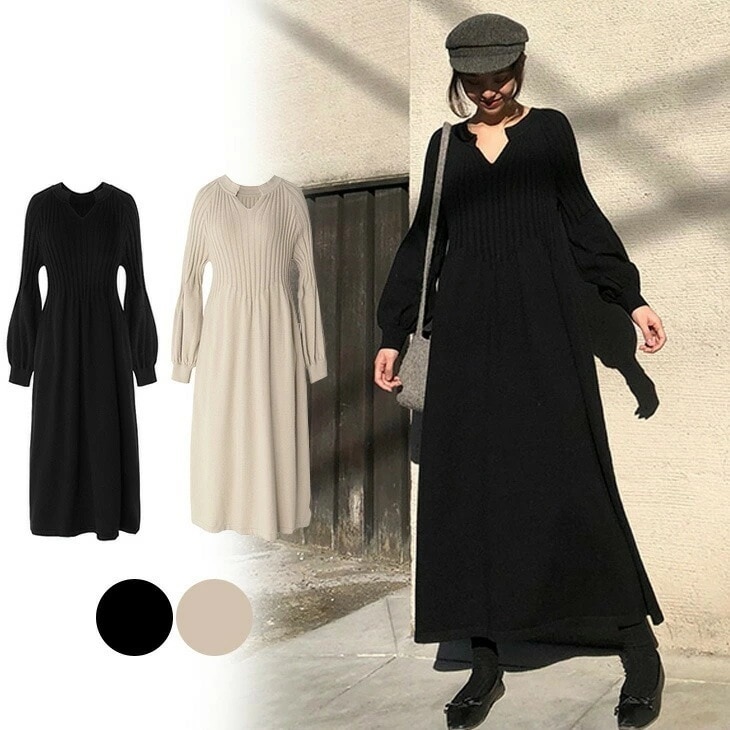 【 急速出荷】ニット ワンピース リブニットス ニット ワンピース レディース 秋冬 春 Vネック 長袖 ブラック きれいめ ハイウエスト ゆったり 大きいサイズ マタニティ ロ