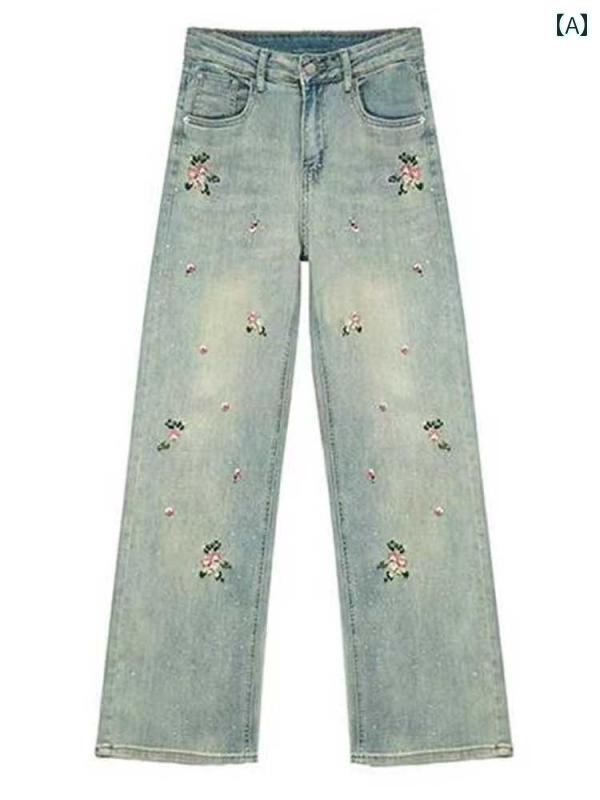 デニム パンツ ボトムス レディース 夏 ストレート 刺繍 弾性 ストレート ジーンズ ハイウエスト 青 花柄