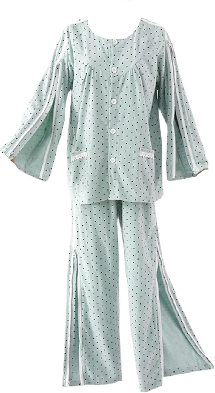 介護用パジャマ フルオープン 女性用 介助パジャマ 寝たきり ファスナー レディース(グリーンドットL, M-L Regular)