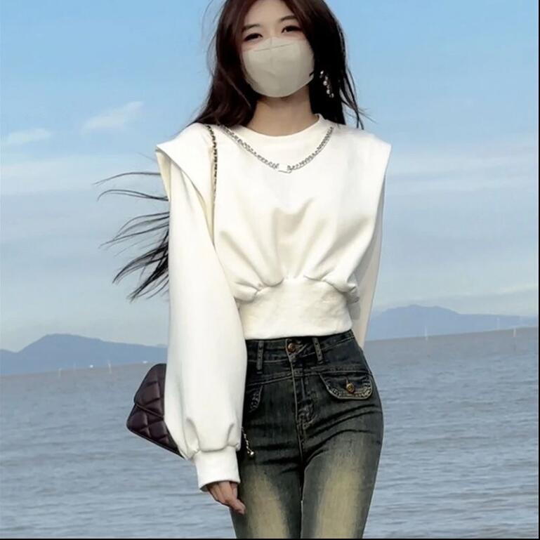 チェーン丸首コルセットウエストガード美拉徳新型長袖泡袖上着女性
