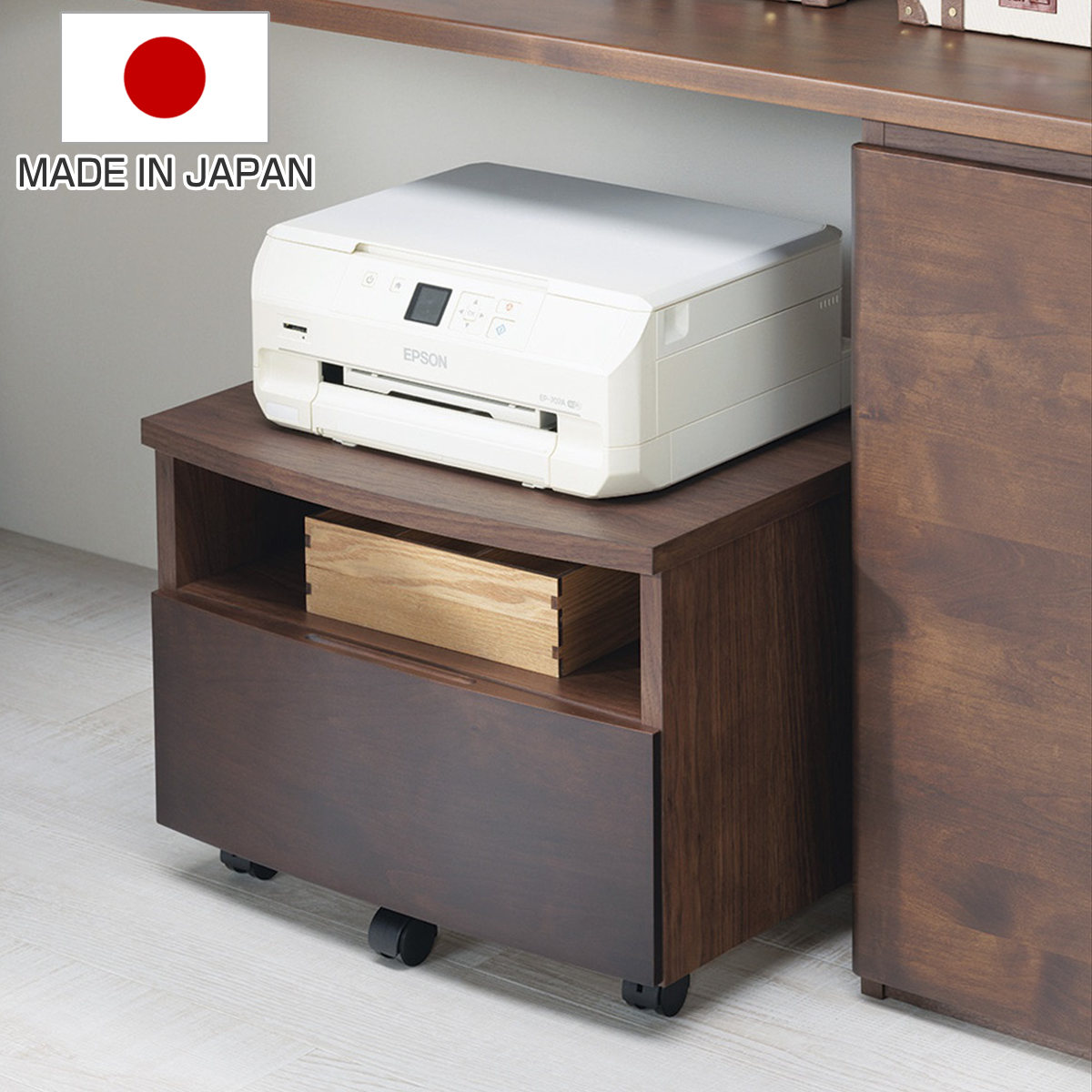 プリンターワゴン 幅52.4cm フルオープン引出し アール プリンター台 ワゴン ラック プリンター 収納 木製 天然木 引き出し 完成品 日本製 プリンターラック 棚 アルダー おしゃれ
