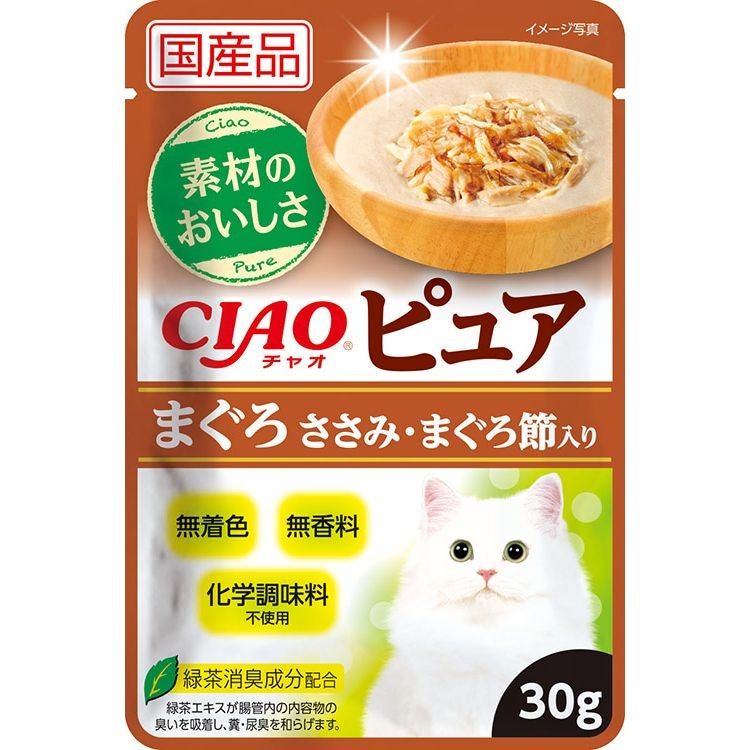 （まとめ買い）CIAO チャオ ピュアパウチ まぐろ ささみ/まぐろ節入り 30g 猫用フード [x48]