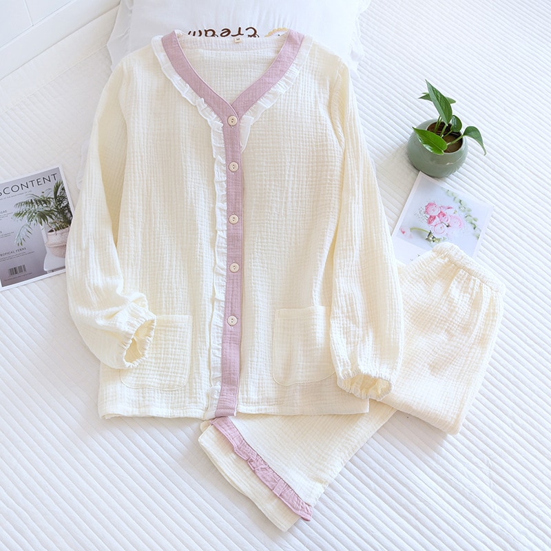 ルームウェアパジャマレディースセットアップ長袖ダブルガーゼガーゼパジャマ長ズボン前開き上下セットパンツ可愛い