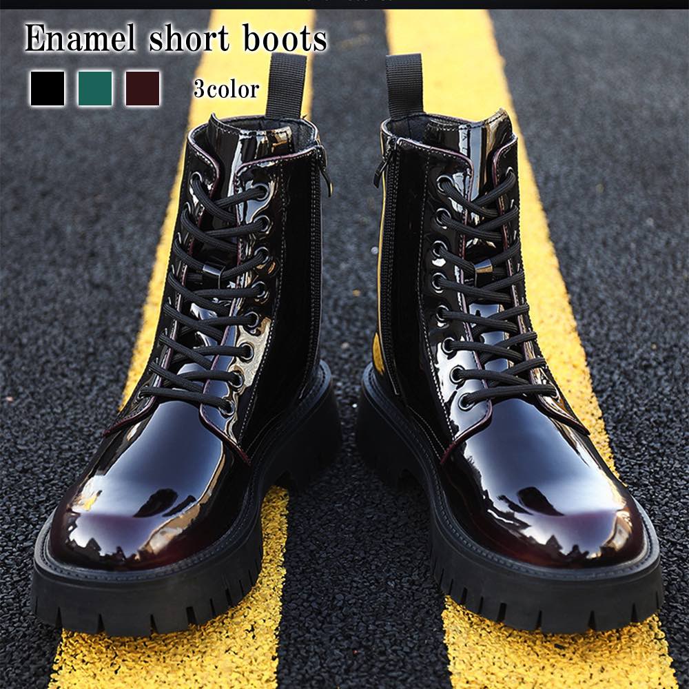ブーツ メンズ エナメルショートブーツ ファスナー ルーム ブーツ完全 洗える ハイカット サイドジップ レザー フロント セット 滑らない ワーク 靴 シューズ 防水 モード 軽い ブランド 夏 暖