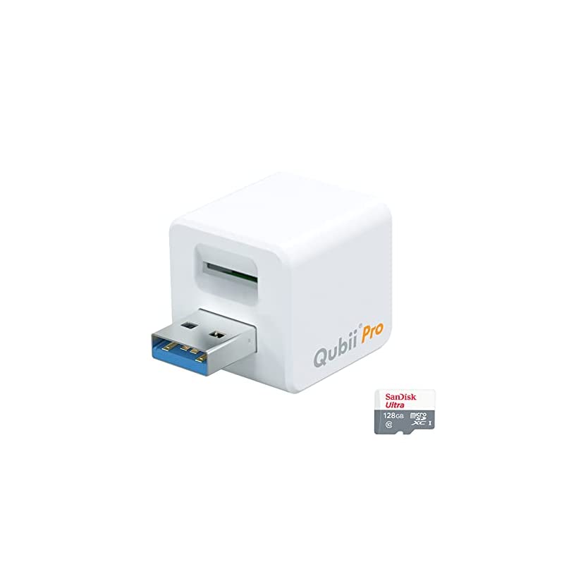 Maktar Qubii Pro ホワイト (microSD 128GB付) 充電しながら自動バックアップ iphone usbメモリ ipad 容量不足解消 写真 動画 音楽 連絡先 SNS データ