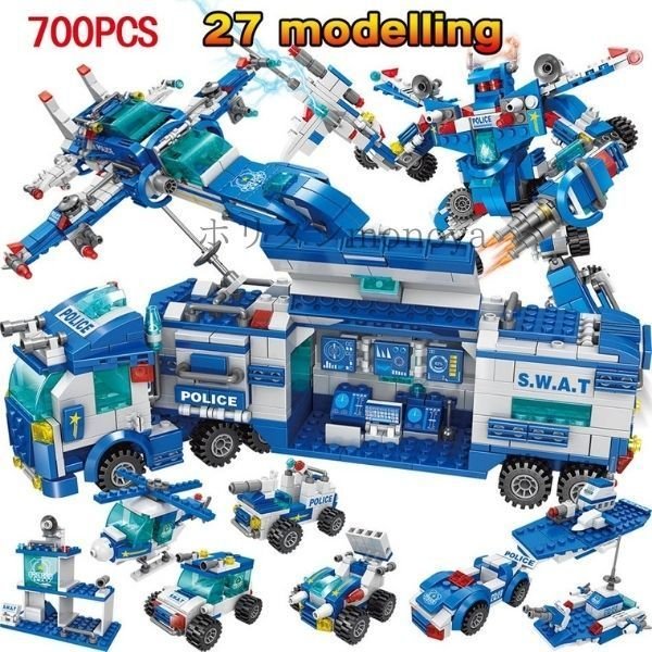 ブロック 玩具 6歳 互換品 男の子 700ピース ブルー swat スワット 警察 ポリス ロボット おもちゃブロック