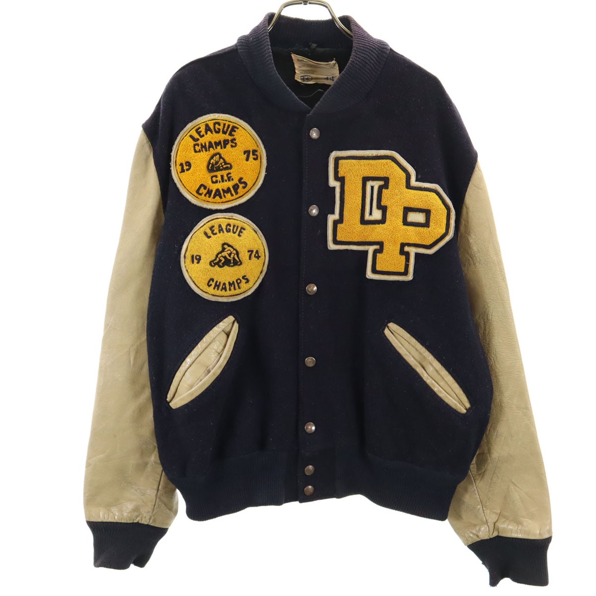 VINTAGE ヴィンテージ 70s ワッペン レザー切り替え アワード ジャケット 44 ネイビー スタジャン メンズ 古着