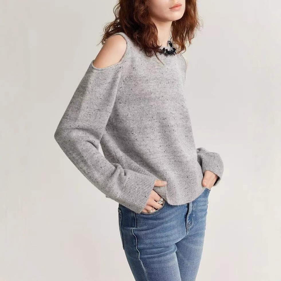 【送.料.無.料.急速発送】グレー羊毛馬海毛混紡毛ニット2025秋ゆったり肩出しセーター