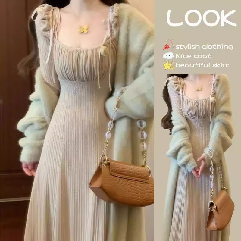 女性のための冬の衣装のセット全体2024新しいウエストにぴったりのニットドレス気質のセーターカーディガンツーピースセット