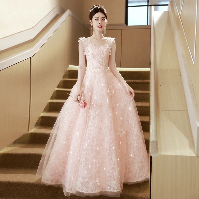 ピンクフォレストフラワーイブニングドレス婚約結婚式トーストドレスホスティングパフォーマンスドレス卒業ドレスロングドレス