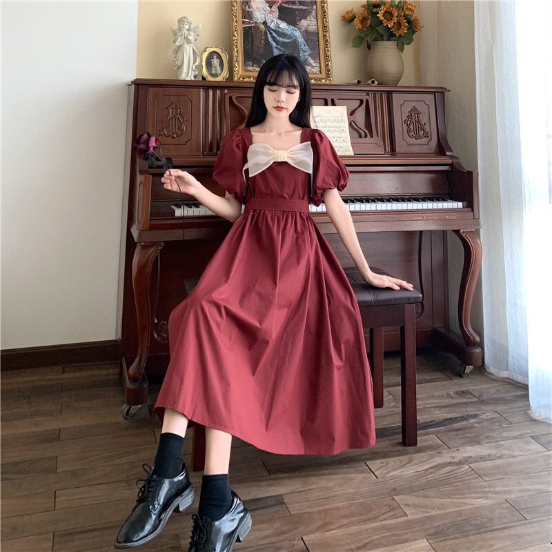 パフスリーブワンピース ワンピース フレアワンピース ワンピドレス 膝丈 ひざ丈 袖あり 半袖 パフスリーブ スクエアネック フレア Aライン リボン ハイウエスト かわいい 大人可愛い きれいめ