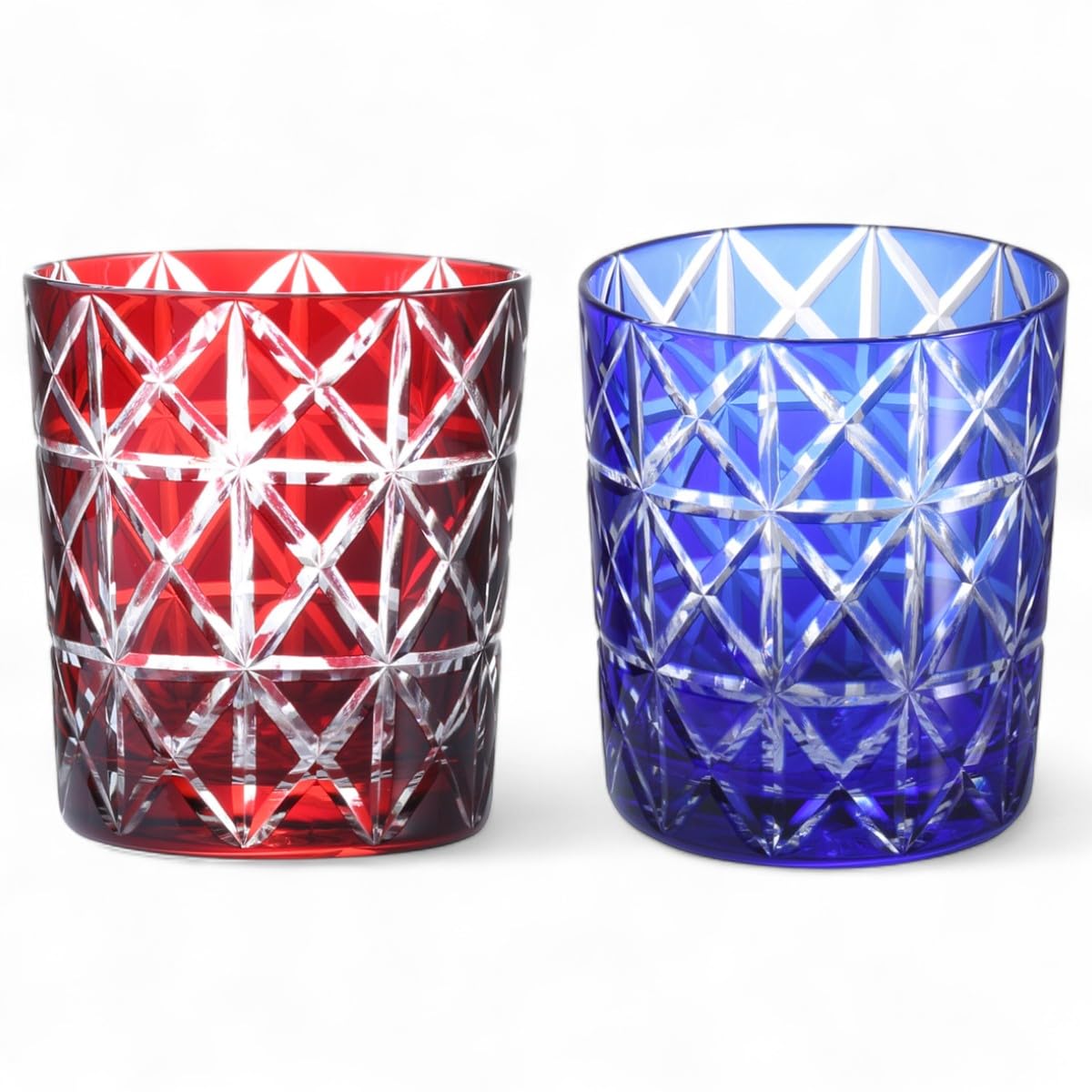 J-kitchens 水影 切子 ペア ロック グラス カップ Φ80xH90mm 280cc 菱紋 レッド & ブルー 底彫あり 美匠 Current Model