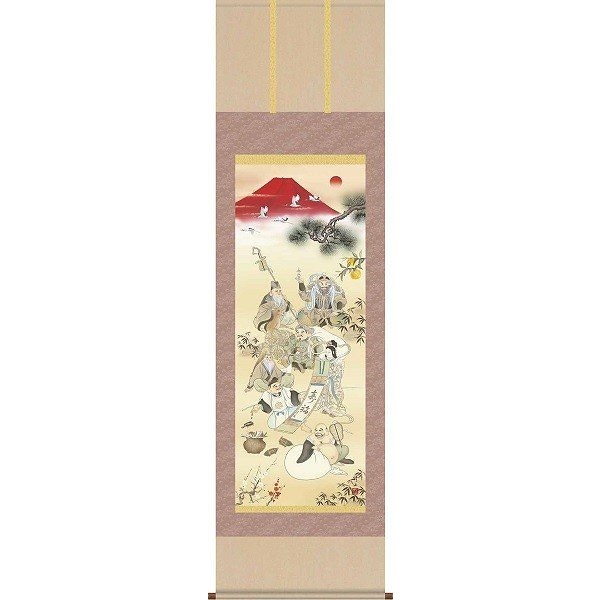 掛軸/開運画/開運七福神/開運七福招来図/江本修山/洛友会/洛彩緞子本表装/尺三サイズ幅44.5cm/化粧箱収納/表装品質十年保証