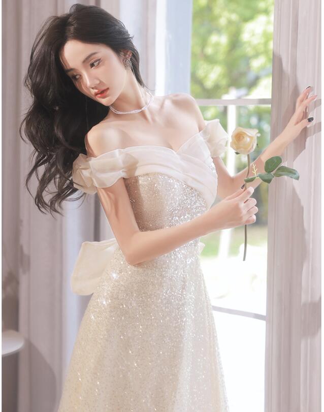 パーティードレス 高校生 中学生 オフショルダー ス シャンパン色 結婚式 ワンピース キラキラドレス 大きいサイズ スパンコール 発表会ドレス パーティー 成人式ドレス 同窓会 謝恩会 ロング丈 A