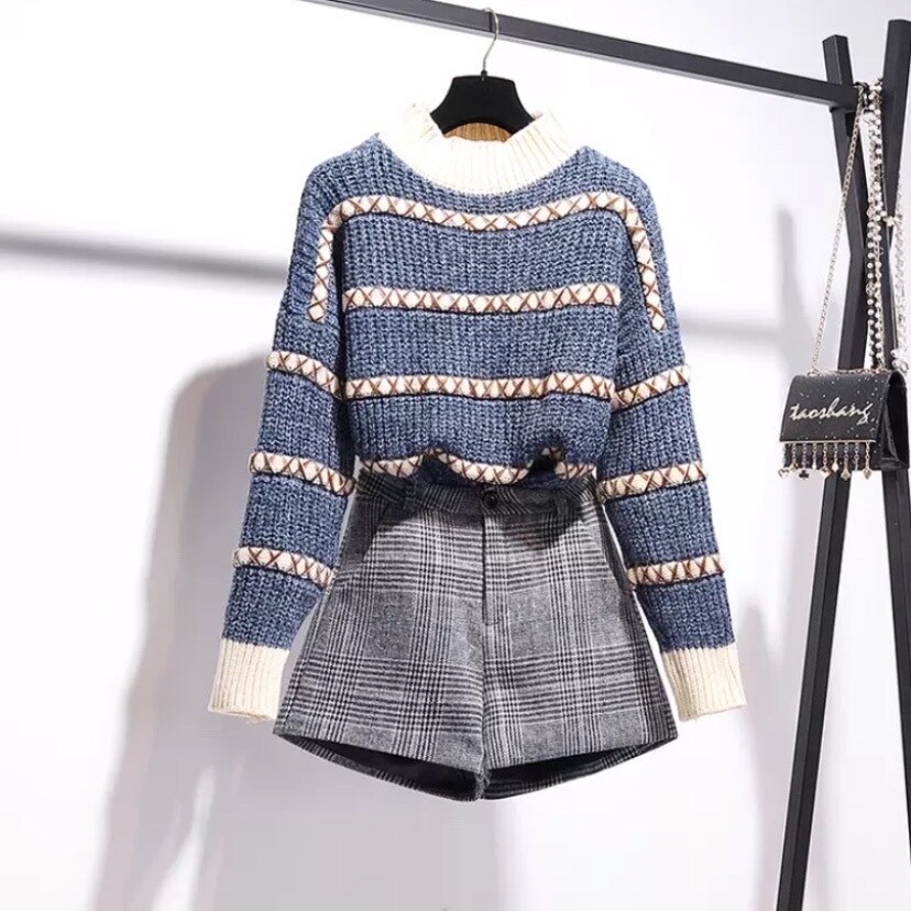 2色 セットアップ 長袖 春 秋冬 カジュアル かわいい ミニ丈 ショート丈 ラウンドネック スマート ケーブルニット 青 ブルー ブラウン S M L XL ジャスト かわいい シンプル 大人 おし