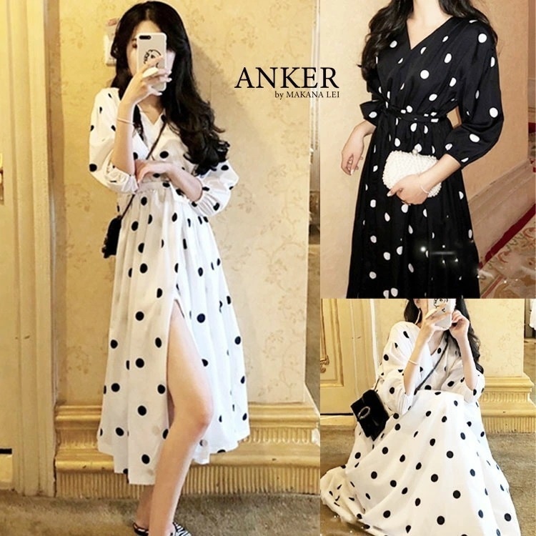 【新作】セール ドット柄 水玉ドレス ワンピ カシュクール ワンピース 結婚式 二次会 パーティー ミモレ丈 黒 白 韓国ファッション 高見え 痩せ見え セクシー 小悪魔 スリット ＯＬ デート 通勤