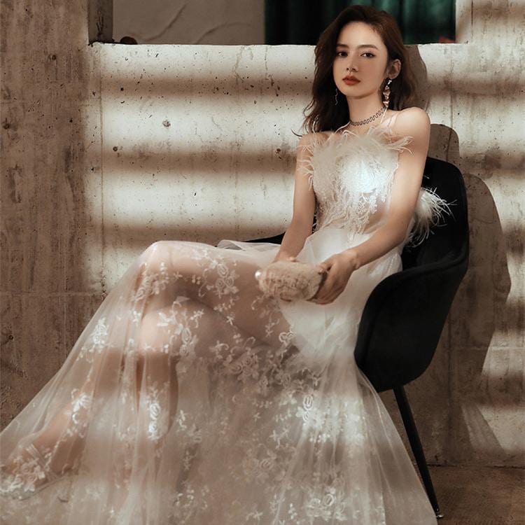 ウェディングドレス　パーティードレス ロングドレス ゴージャス エレガント 無地　ドレス　花嫁ドレス　二次会　ワンピース　　結婚式　演奏会-251