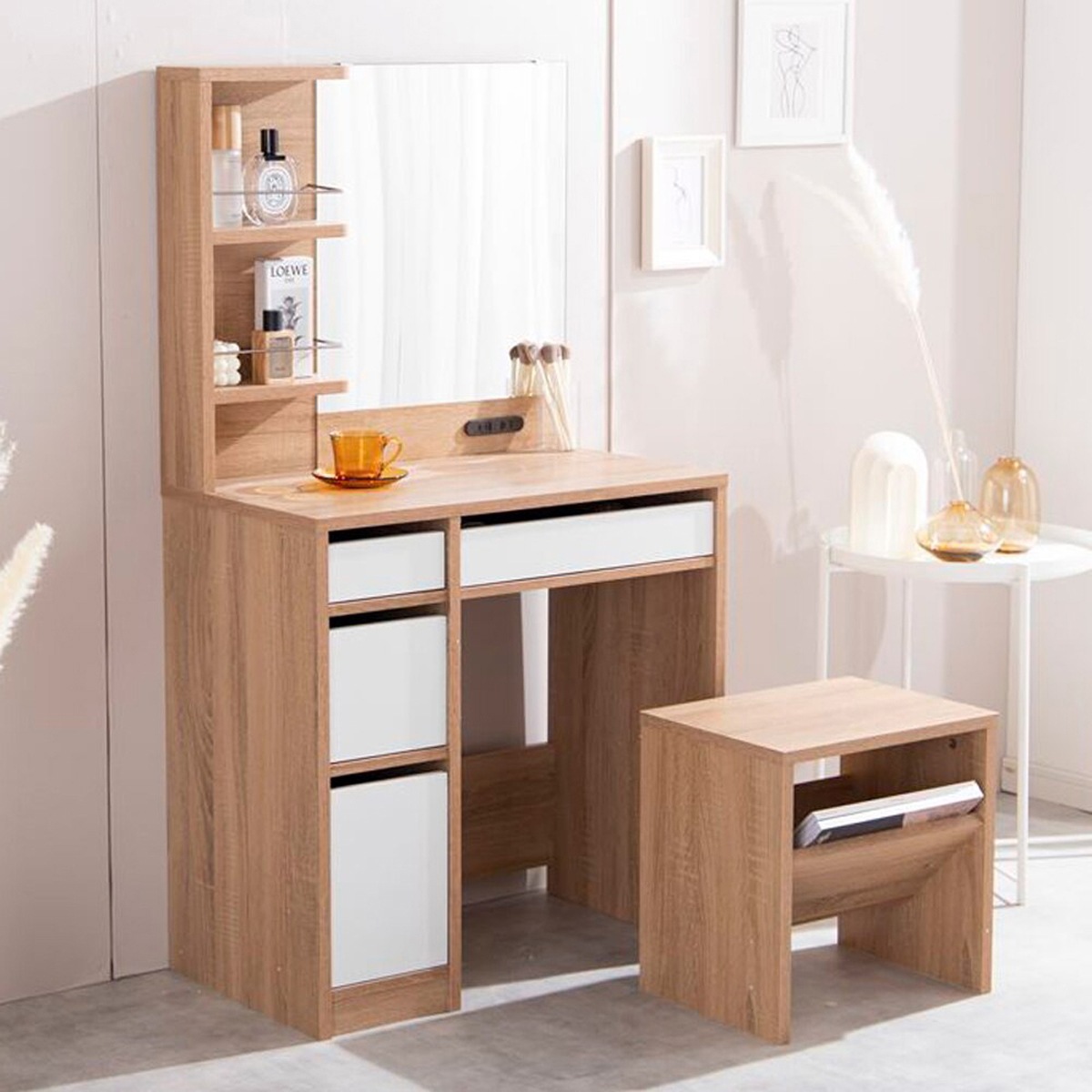 ドレッサーセット コンセント付き ドレッサー＆スツールセット メイク ミラー 収納