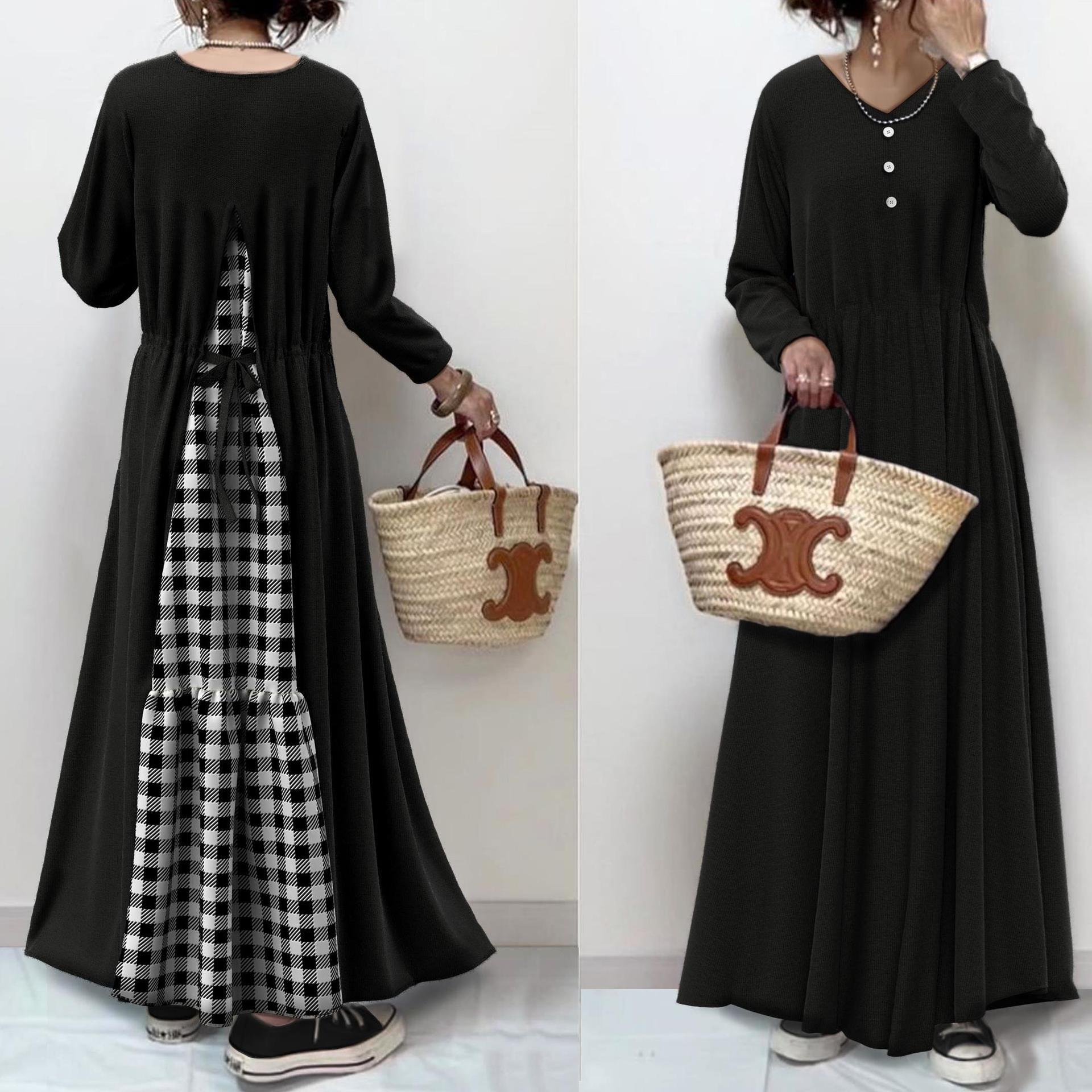 ワンピース レディース フレアワンピース 韓国 ロングワンピース ロング丈 袖あり 長袖 Vネック Aライン 切り替え フレア バックリボン バックコンシャス ウエストゴム ギンガムチェック ボタン