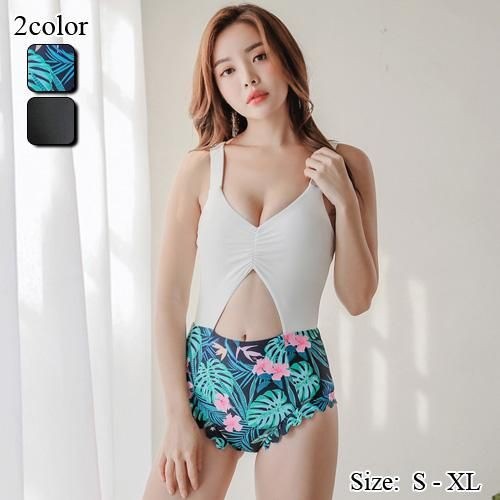 【グラシア】 水着 ハイウエスト レディース ビーチウェア スイムウェア 流行 海 プール モノキニ バイカラー ホワイト×リーフ柄 ホワイト×ブラック S M L モノキニ 5,394円