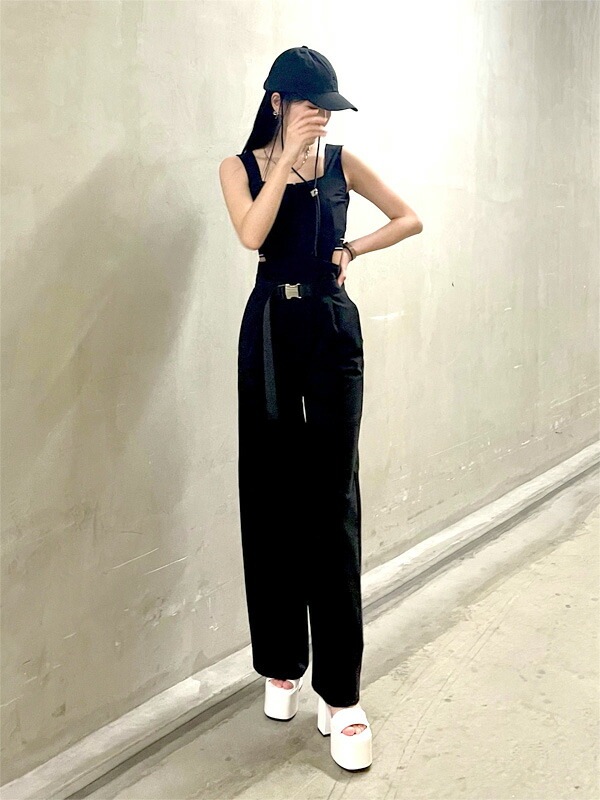 EMODA エモダ ワンピース カジュアル ノースリーブ バック ジャガード ライン オールインワン 2WAY カットアウトビスチェ ワークパンツ 042430370401