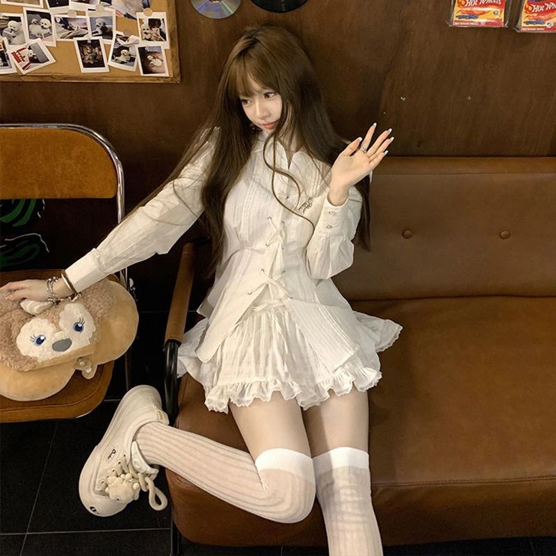 2024新作着痩せバンドシャツポロ襟＋ハーフスカートの2点セット 愛されドッキングワンピース 通勤 便利！2wayワンピース 韓国ファッションッ
