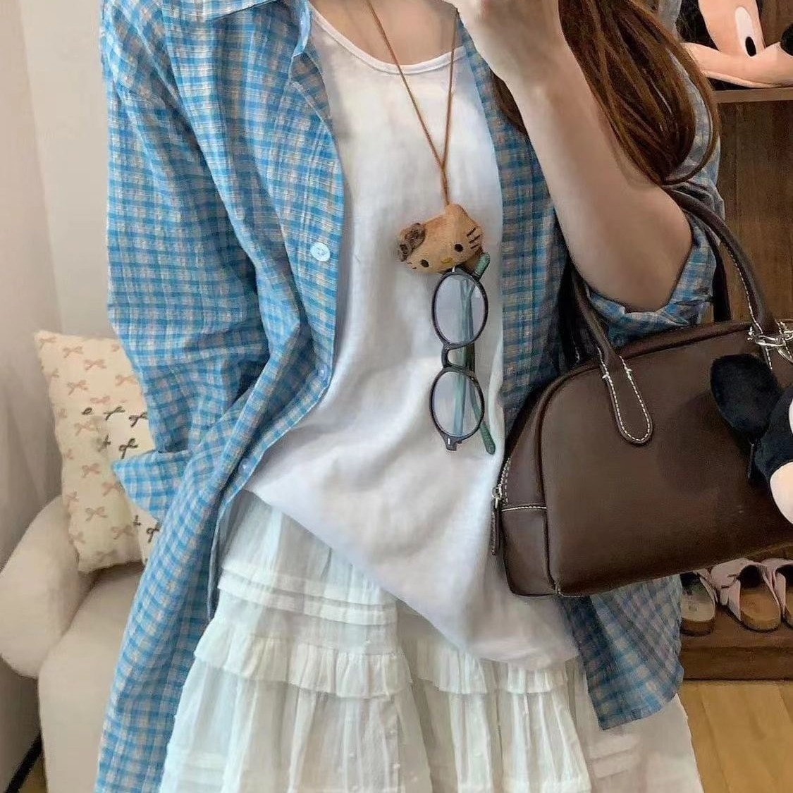 初 高級 青 チェック シャツ レディース 長袖 ゆったり 重ね着 カーディガン シャツ アウター リラックス風 トップス63830