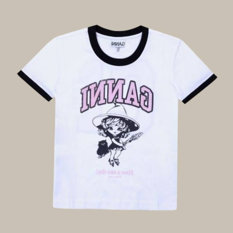 GANNI T4156 151 魔女ロゴ コントラスト リングス レディース半袖Tシャツ