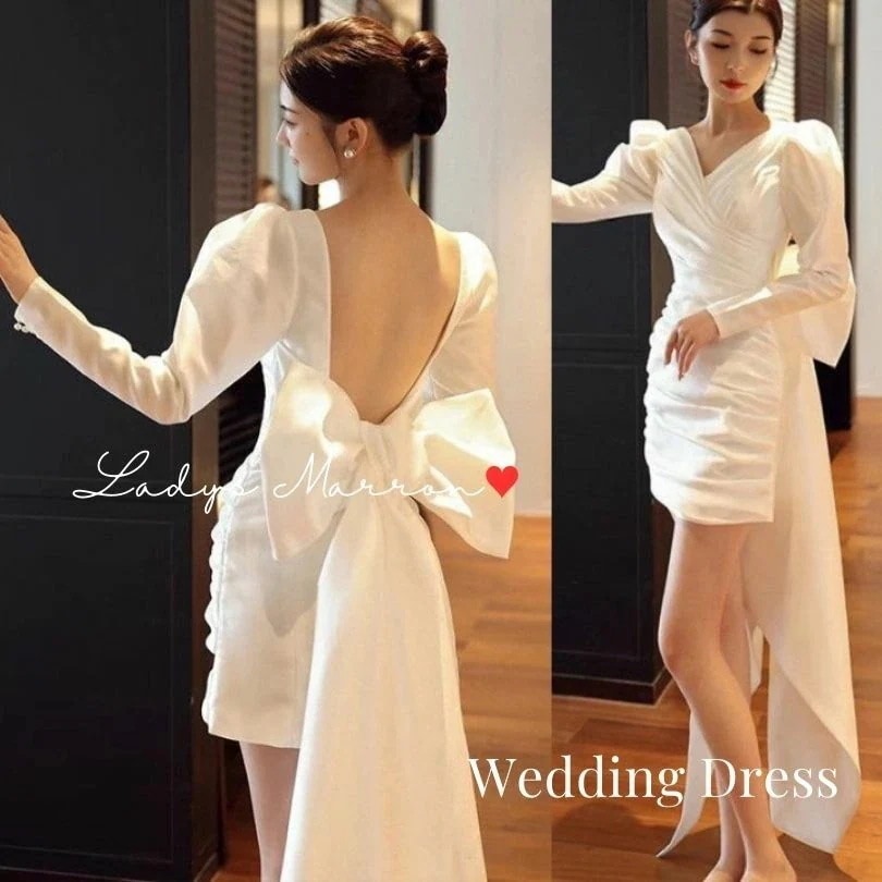 【急速出荷 2025年新作】ウェディング ドレス ミニ 白 ショート バックリボン 花嫁 前撮りドレス かわいい 花嫁二次会ドレス フォトウェディング 二次会ドレス 韓国 無地 ミニ丈ドレス ミニドレ