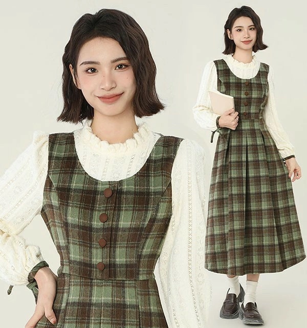 ワンピース 長袖 ロング丈　可愛い かわいい チェック柄 グリーン 春 ニット グリーン Aライン レディース 柔らか お洒落 保温 通勤 普段着 デート ei251t2t2c6