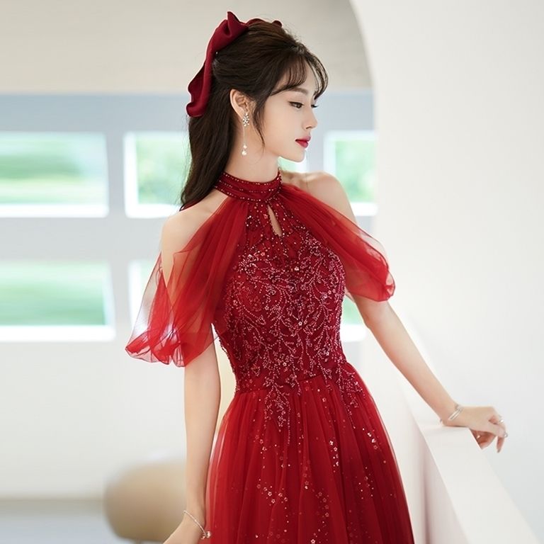 ウェアブライダルハイエンドサマーチャイナイブニングドレス薄手2024バーガンディ婚約ドレススカート