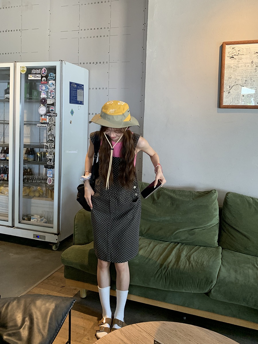 水玉サスペンダースカート 2024年カレッジスタイル 年齢軽減 ゆったり着痩せ 万能デザイン レトロワンピース