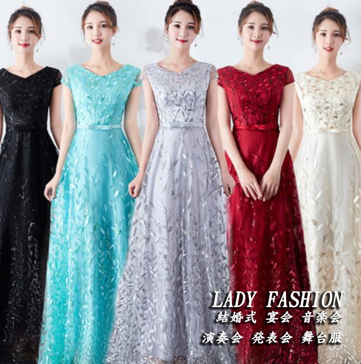 5色 ロングドレス レディース おしゃれ 半袖 Ｖネック 無地 レディースドレス ウェディングドレス 演出服 パーティードレス 演奏会 音楽会 結婚式 イベント 披露宴 お呼ばれ 二次会