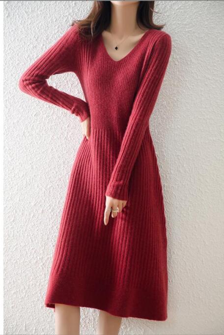 レディースファッションニットワンピースVネック長袖 膝丈 綺麗目Aライン