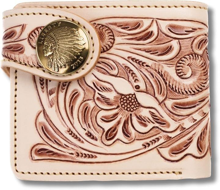 二つ折り財布 ライダースウォレット レザーウォレット ミドルウォレット バイカーズウォレット メンズ 本革 ヌメ革 カービング 革財布 牛革 (ナチュラルxコンチョインディアン)