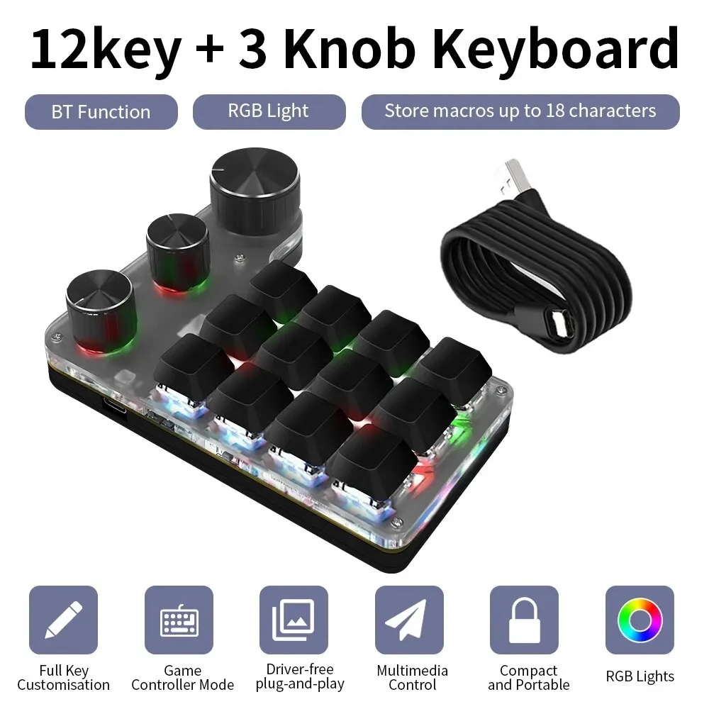 Bluetoothプログラミングマクロカスタムキーボードrgbキーボード12キーコピーペーストゲームキーパッド機械式ホットスワッシングパッド3ノブ