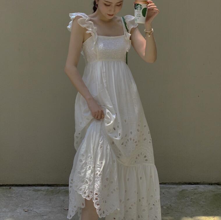 【本日限定】キャミソールワンピース 　レースワンピース　マキシワンピース　夏ワンピース　ロングワンピ　マキシ　夏　フレアワンピース 袖なし　無地　フリル袖　ホワイト　白 F 4,708円