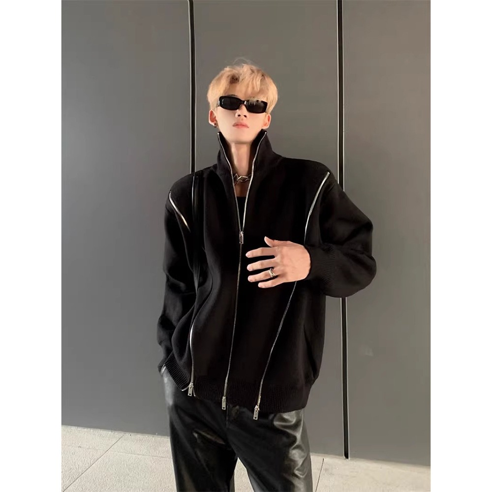 ニッチソリッドカラースタンドカラージッパーデザインスウェットシャツメンズスプリングと秋の新しいルーズ大型トレンディジャケットトップ