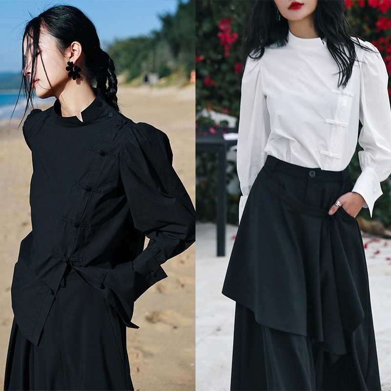 チャイナ服 普段着 チャイナ風シャツ レディース レトロトップス ブラウス オリジナル 黒/白